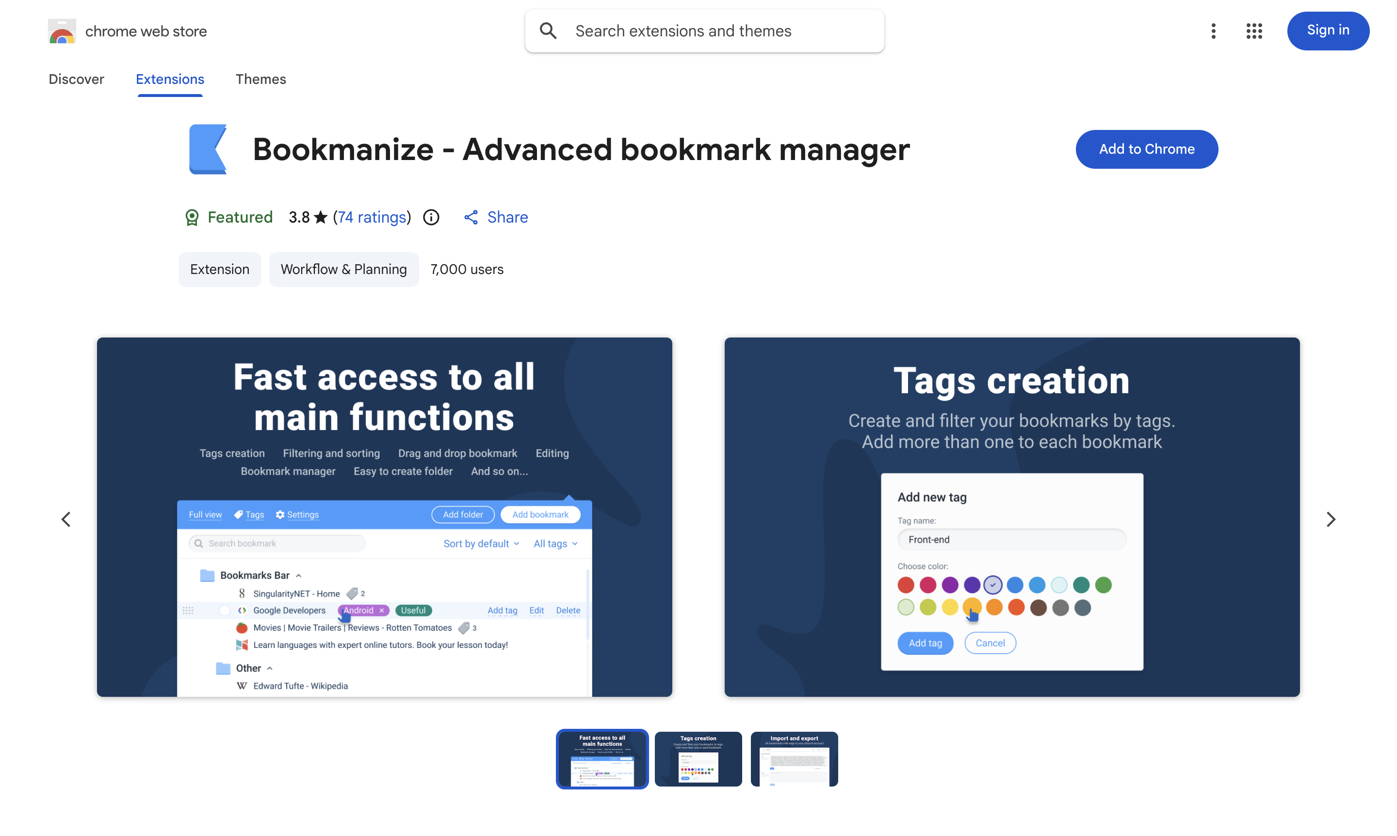 Bookmanize on the Chrome Web Store — 3.8 stars, 7,000 users