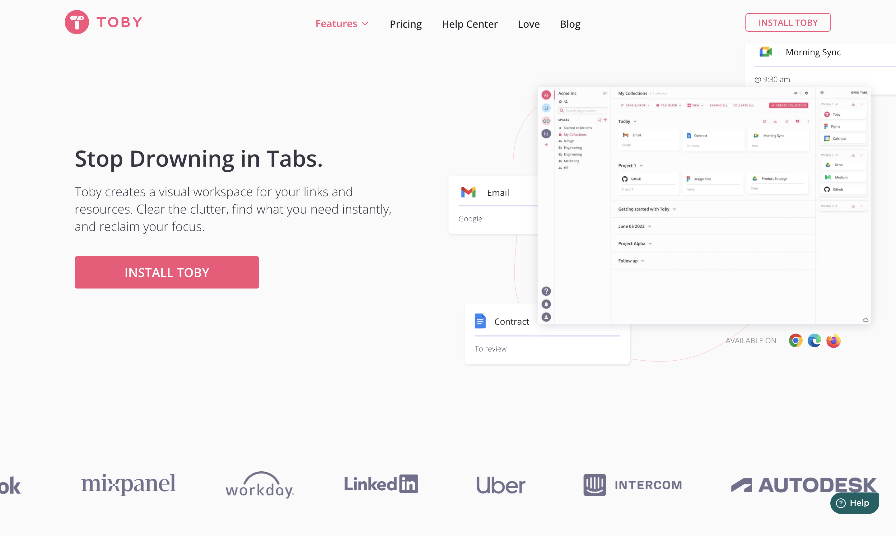 Toby homepage — "Stop Drowning in Tabs"