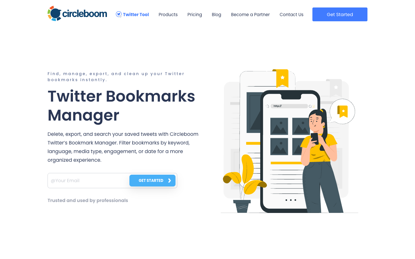 Circleboom Twitter Bookmarks Manager public page showing delete, export, search, and filter positioning.