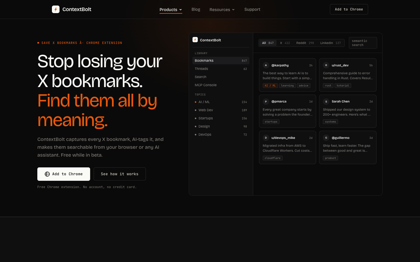 ContextBolt homepage showing semantic search across saved X, Reddit, and LinkedIn bookmarks.