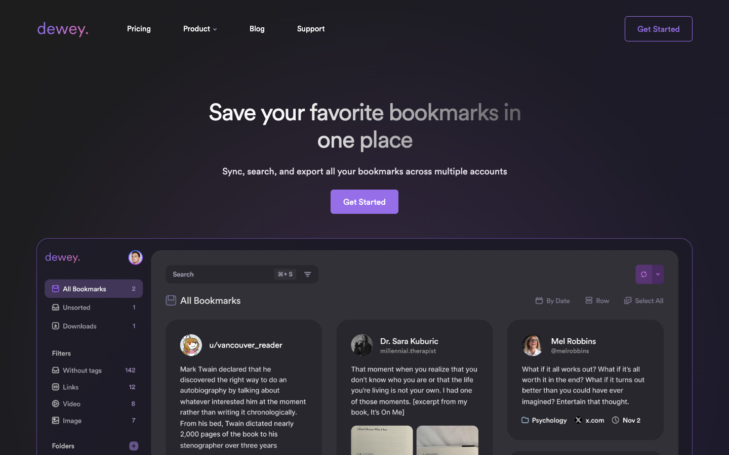 Dewey homepage showing a searchable bookmark dashboard with saved posts.