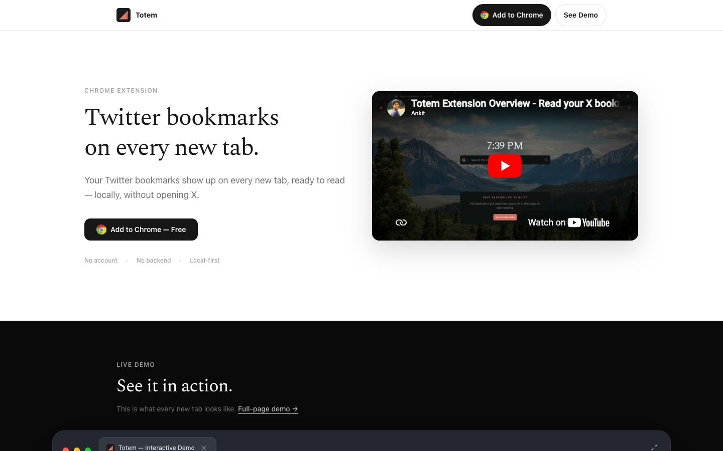 Totem homepage showing Twitter bookmarks on every new tab and a live demo preview.