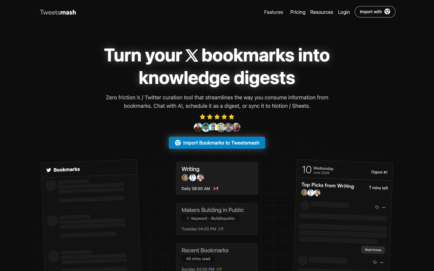 TweetSmash homepage showing X bookmarks turned into scheduled knowledge digests.