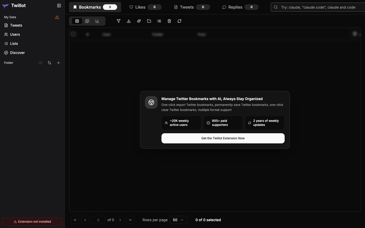 Twillot public bookmark manager page showing bookmarks, likes, tweets, replies, export controls, and AI claims.
