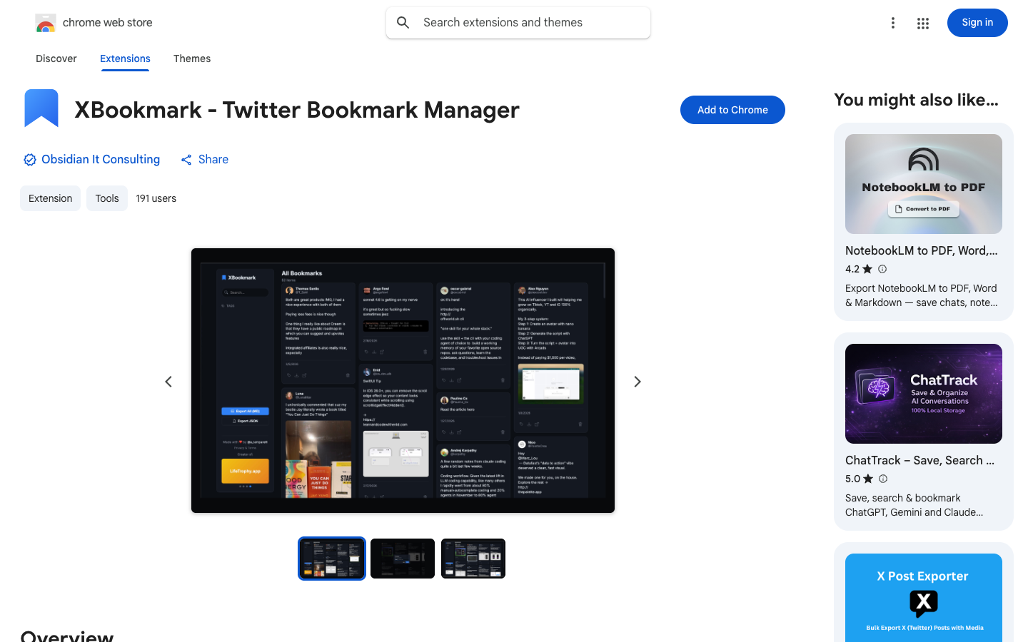 XBookmark Chrome Web Store listing showing a local dashboard screenshot and 191 users.