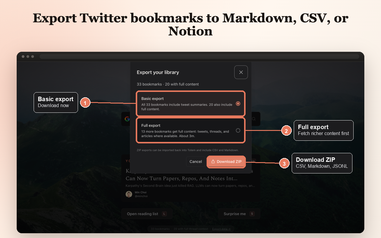 Totem library export dialog with callouts for Basic export, Full export, and Download ZIP.