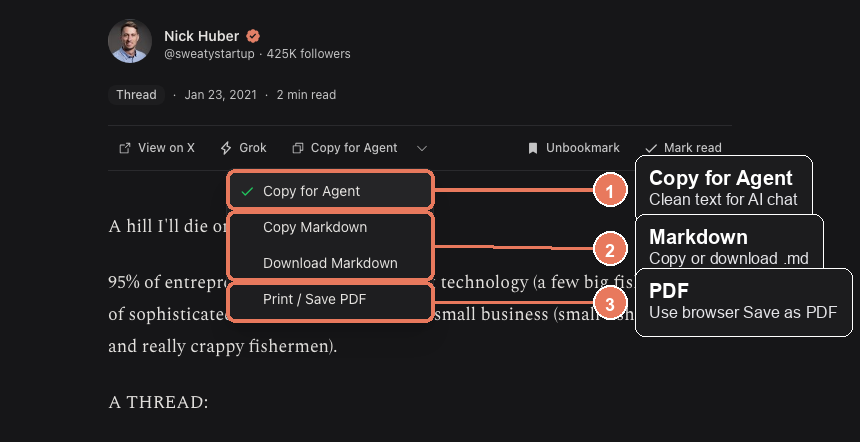 Totem reader export menu with callouts for Copy for Agent, Markdown, and PDF.