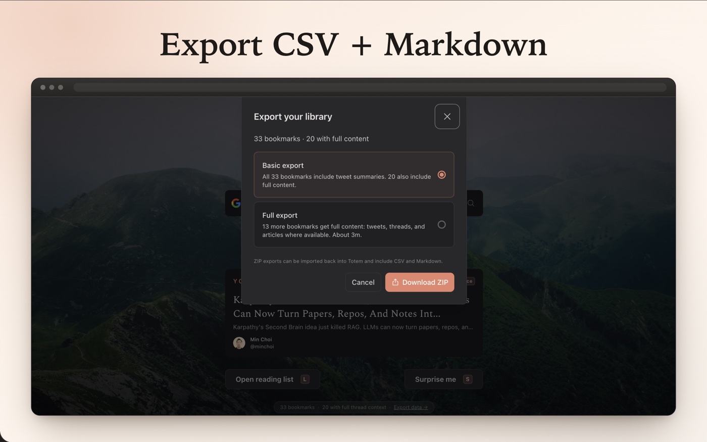 Totem export dialog showing basic and full export options for an importable ZIP.