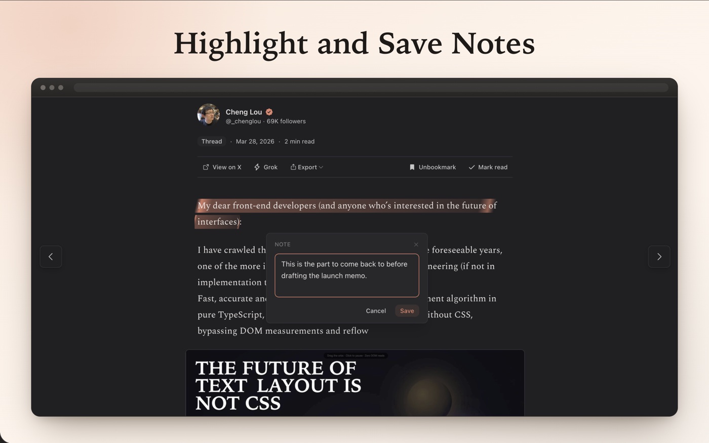 Totem reader with selected text and a note editor.