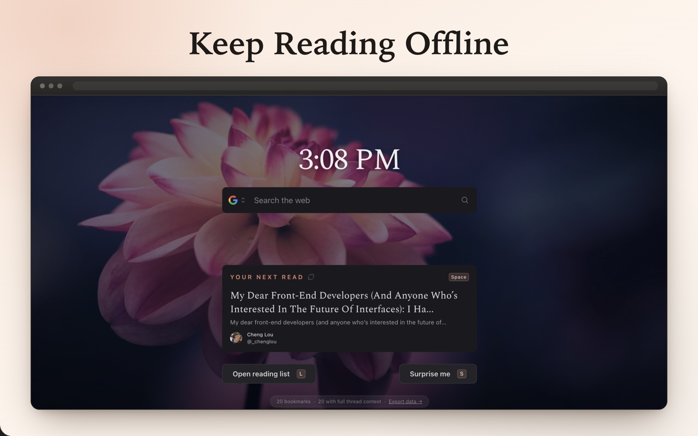 Totem new-tab reader showing cached bookmark content available offline.