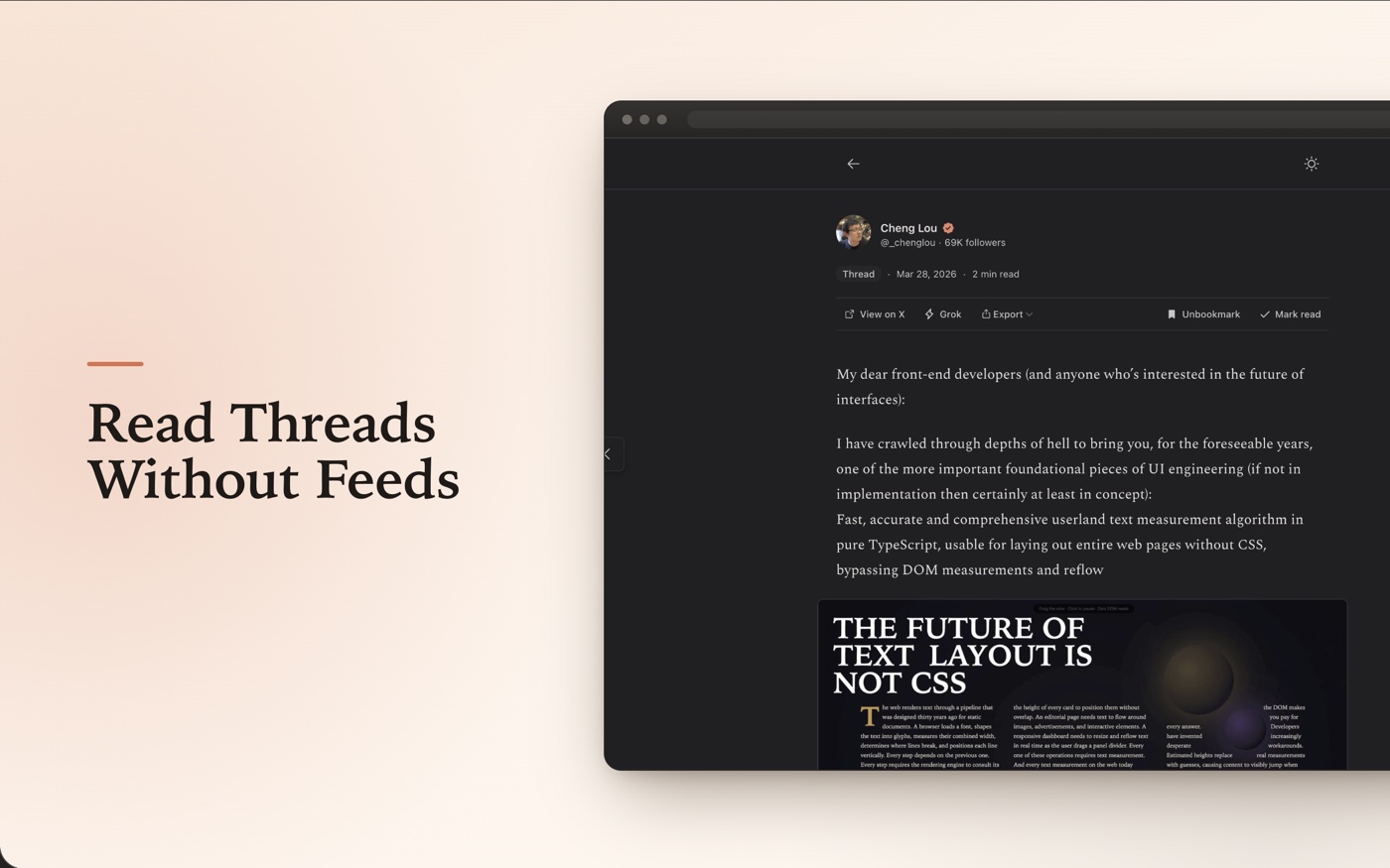 Totem thread reader showing a saved X thread without the X feed.