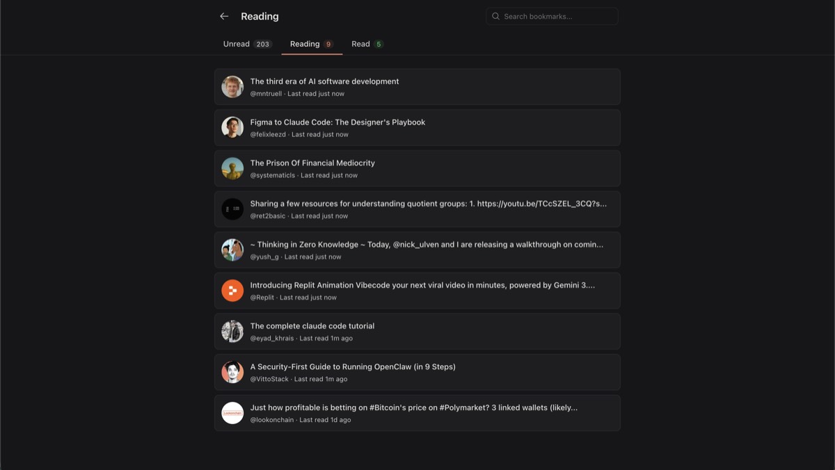 Totem reading list showing unread, in-progress, and finished tabs with per-post progress.